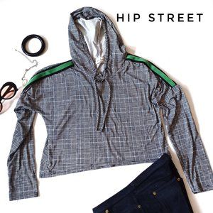 FREE KISSES Black Houndstooth Plaid Lime Green Shoulder Band Short Hoodie S